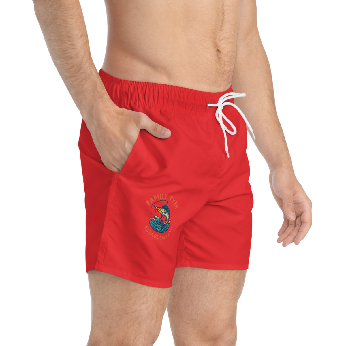 Family Ties Swim Trunks, Red Pool Shorts, Summer Swimwear, Beach Gear, Vacation Trunks, Family Reunion Attire