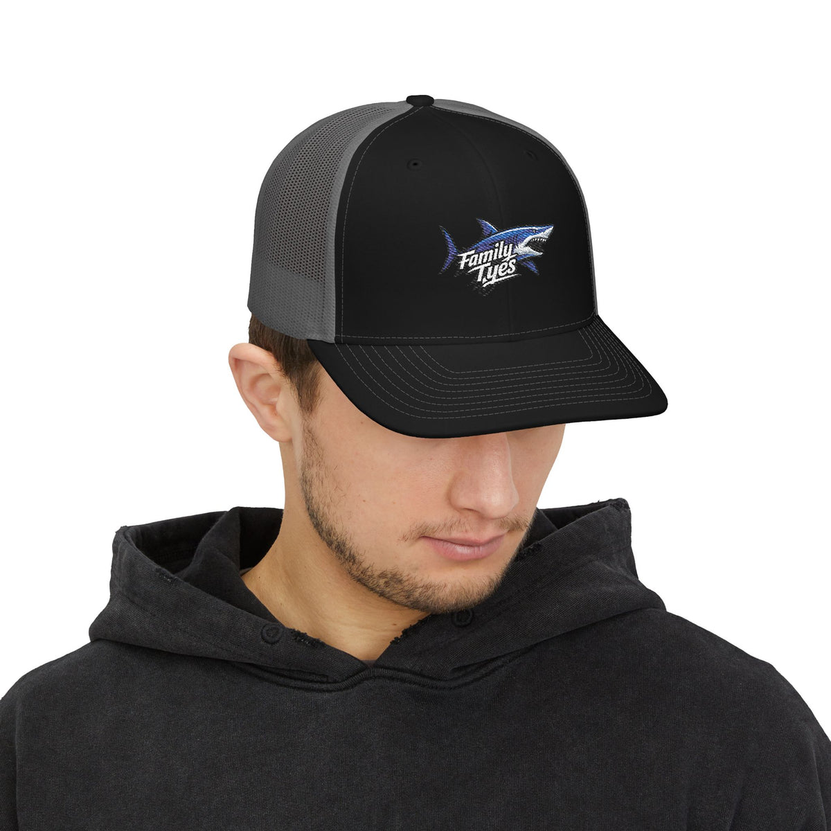 Embroidered Shark Snapback Trucker Cap | Family Vibes, Casual Beachwear, Outdoor Adventures, Gift for Men, Unique Embroidery