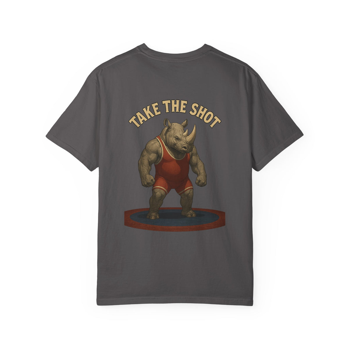 Big Five Wrestling Funny Unisex Garment-Dyed T-Shirt - "Take The Shot" Rhinoceros Design