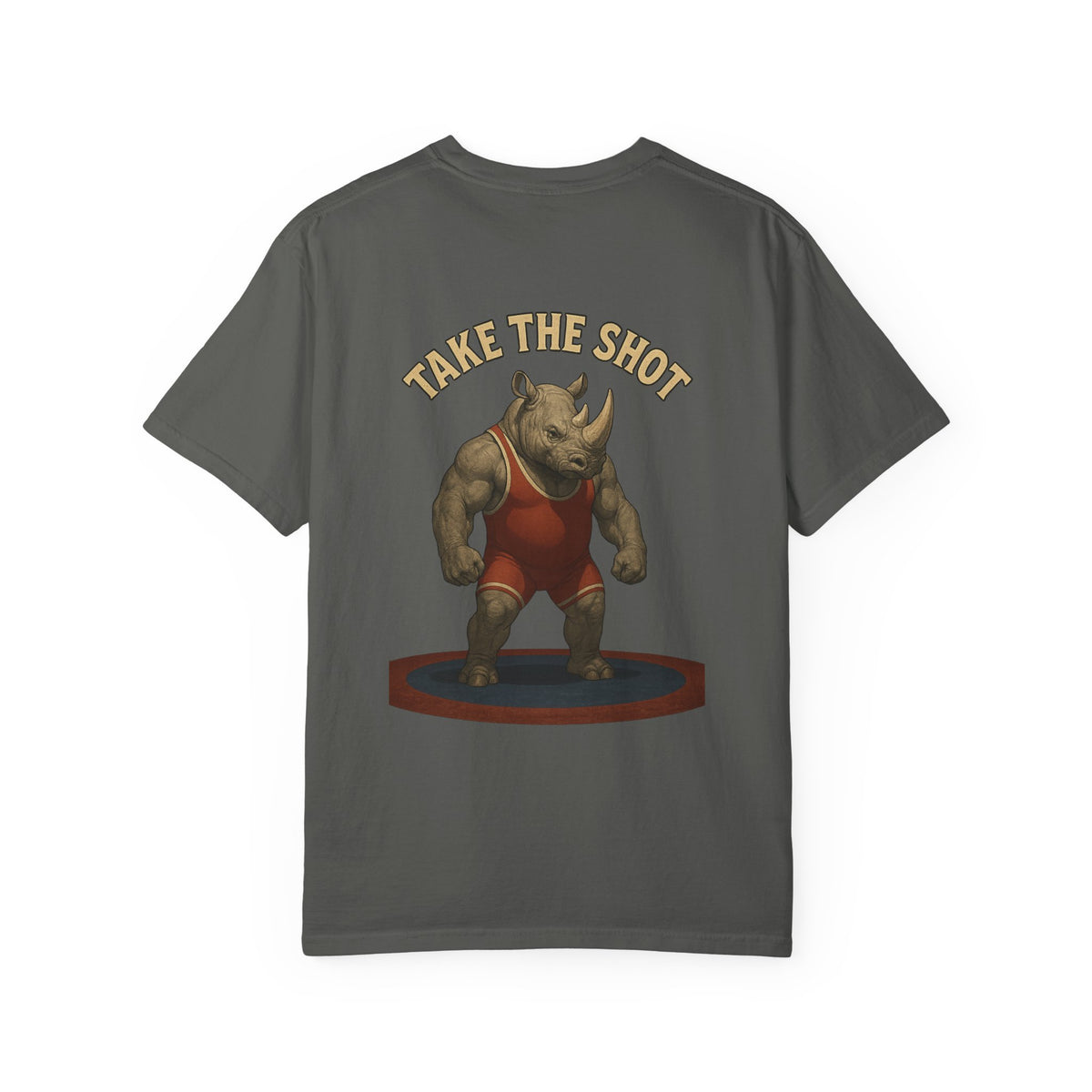 Big Five Wrestling Funny Unisex Garment-Dyed T-Shirt - "Take The Shot" Rhinoceros Design