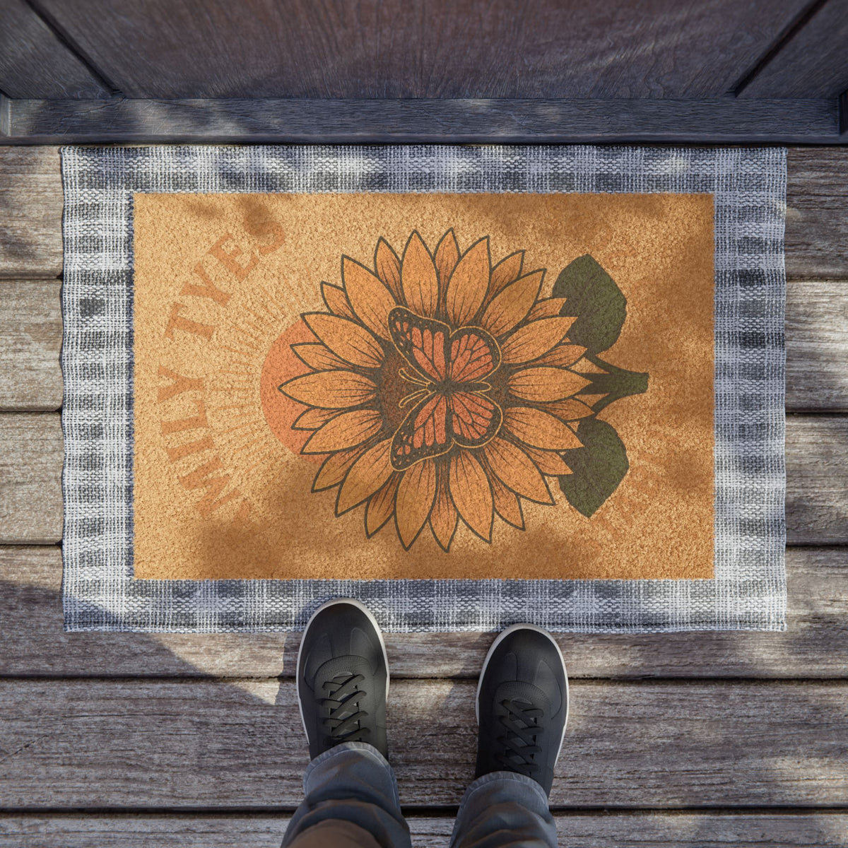 Sunflower Welcome Doormat | Floral Entrance Mat, Spring Decor, Housewarming Gift, Butterfly Design, Outdoor Rug