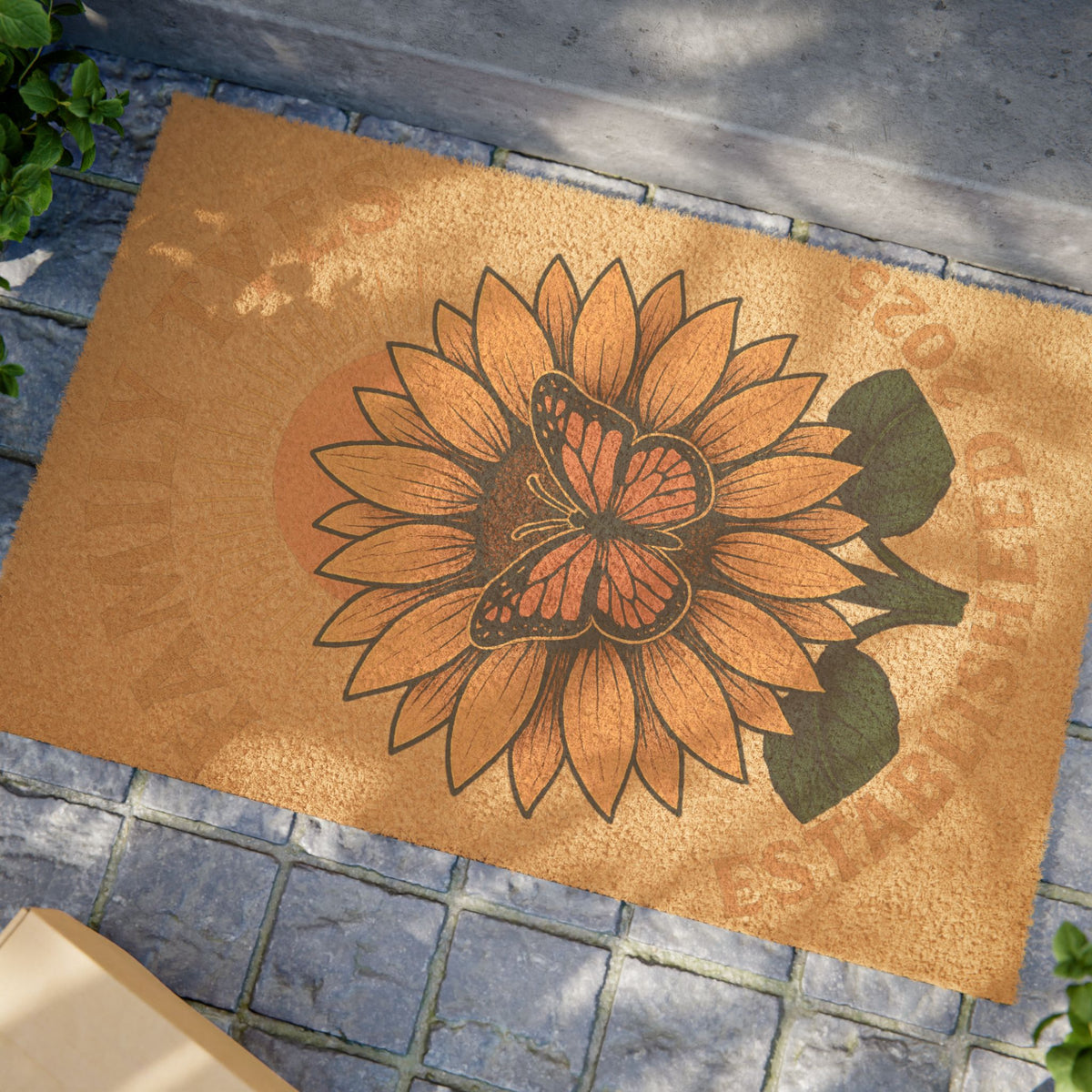 Sunflower Welcome Doormat | Floral Entrance Mat, Spring Decor, Housewarming Gift, Butterfly Design, Outdoor Rug